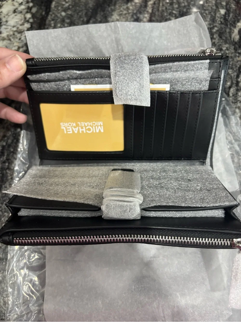 Michael Kors Black and Gray MK Signature Satchel and Jet Set matching wallet